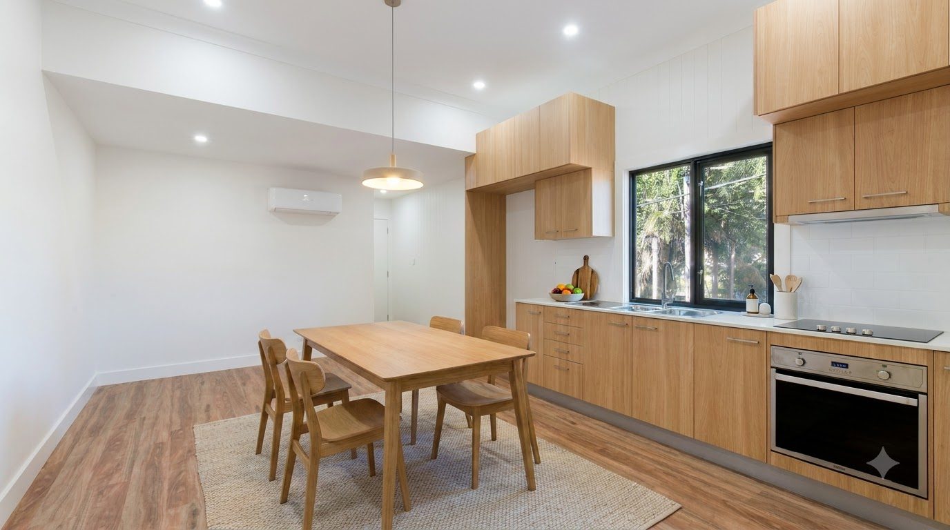 Staged kitchen and dining space